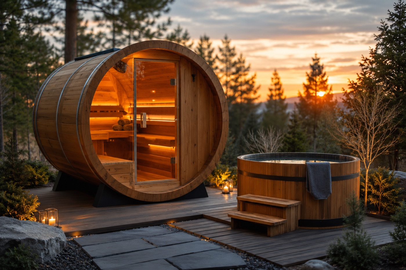 Outdoor barrel sauna and cold plunge on a deck at sunset for a home sauna buying guide