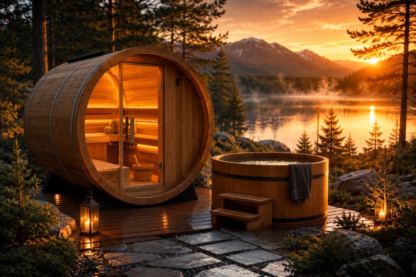 Barrel sauna and cold plunge tub beside a lake at golden hour