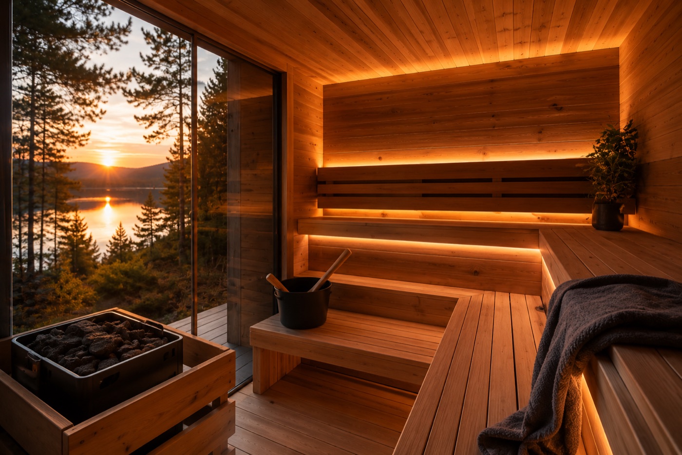 Modern wood sauna interior with heater, benches, towels, and sunset view