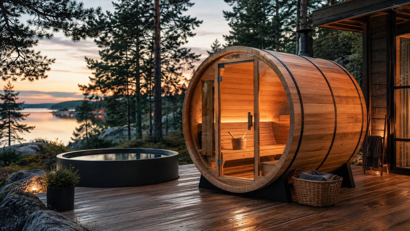 Premium outdoor barrel sauna and cold plunge installation at sunset