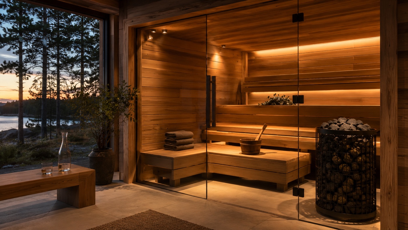 Warm glass-front sauna interior overlooking a lake at dusk