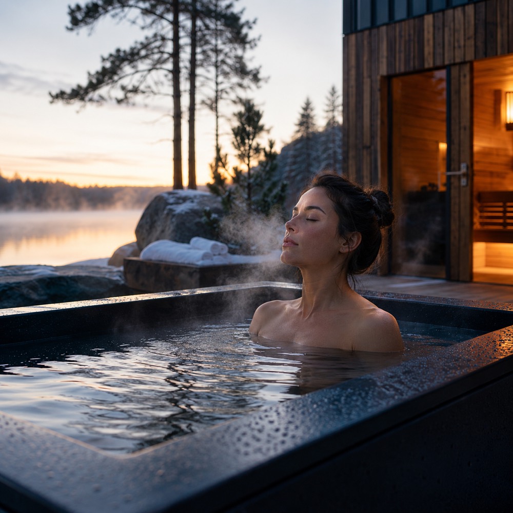 Cold plunge recovery session beside a warm lakeside sauna