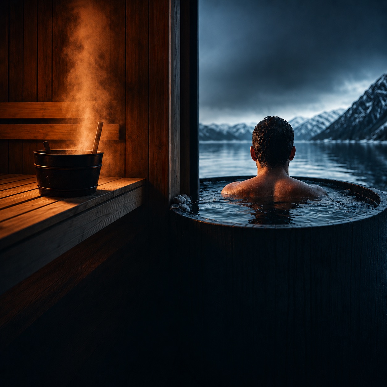 Morning contrast therapy ritual with sauna steam and cold plunge water