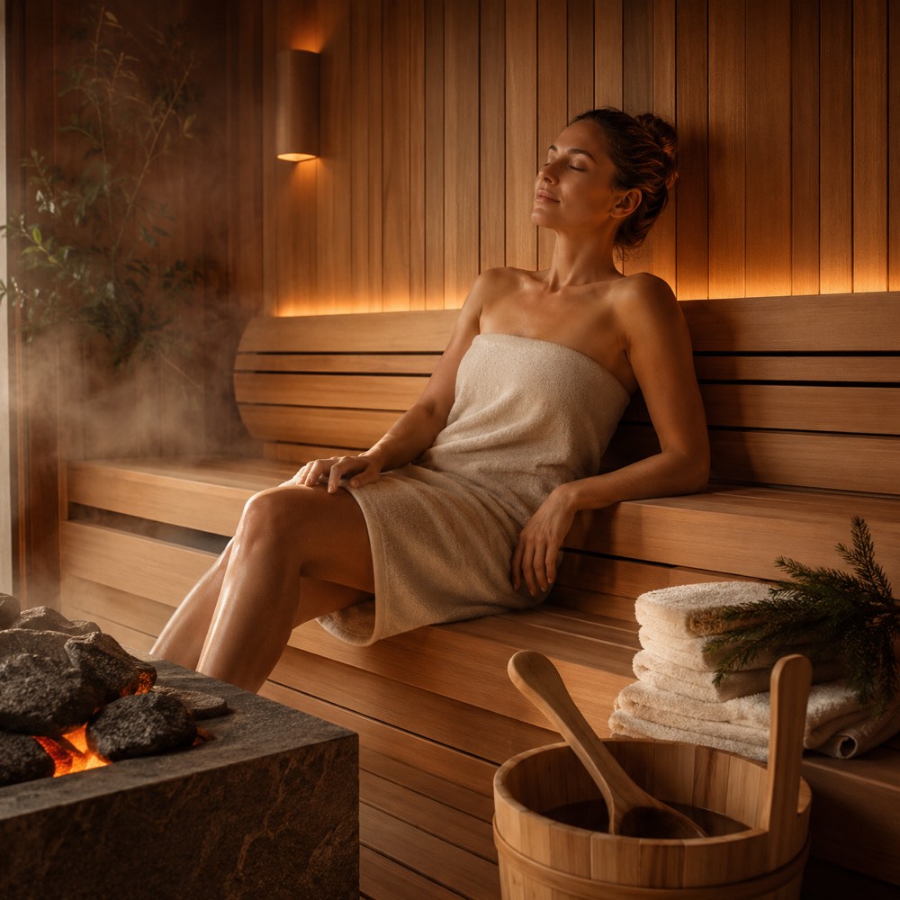 Warm cedar sauna room used for sauna temperature guidance
