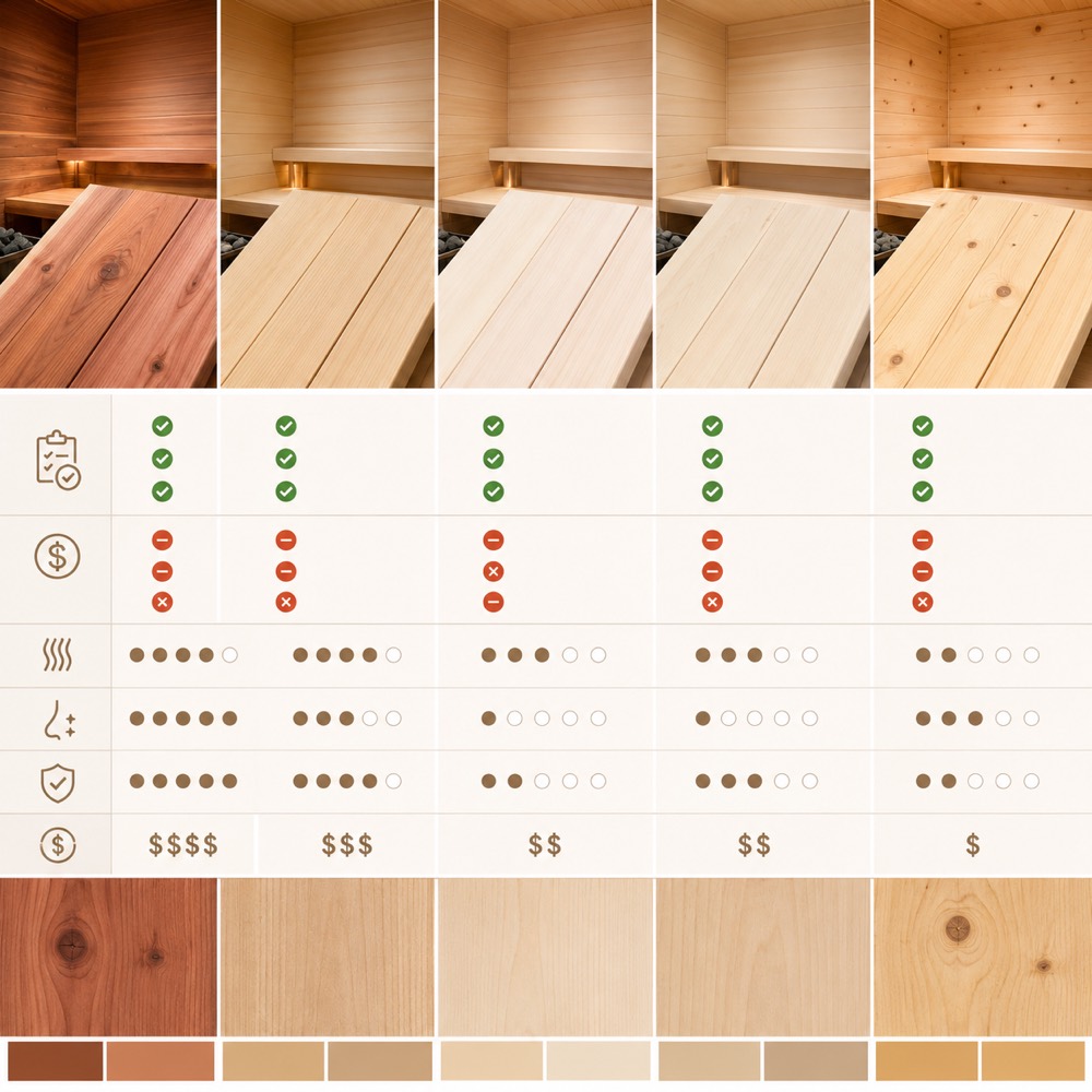 Sauna wood species comparison chart for cedar, hemlock, basswood, aspen, and spruce